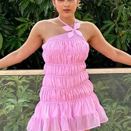 Myclo Rosette Halter Neck Georgette A-Line Mini Dress image 1
