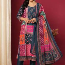 DIVASTRI Floral Printed Round Neck Straight Kurta With Trousers And Dupatta-image-60