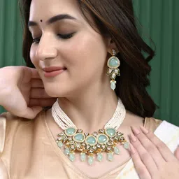 Anouk Gold-Plated American Diamond & Kundan Stone Studded and Beaded Jewellery Set image 3