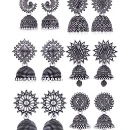 DIVASTRI Set Of 6 Silver-Plated Stones Studded & Beaded Oxidized Dome Shaped Jhumkas-image-59