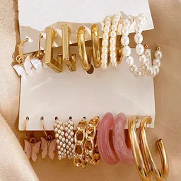 GOLDIWALA Set Of 10 Gold-Plated Artificial Beads Beaded Contemporary Half Hoop Earrings-picture-43