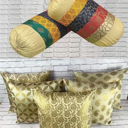 Pink Parrot Gold-Toned & Pink Set of 7 Embroidered Round Cushion Covers image 1