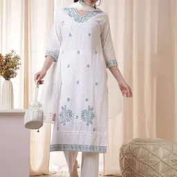Anouk Women Floral Embroidered Cotton Kurta with Trousers & Dupatta-image-66