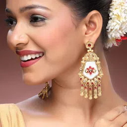 ADIVA 22K Gold-Plated Ruby And Kundan Studded Antique Floral Shaped Drop Earrings image 5
