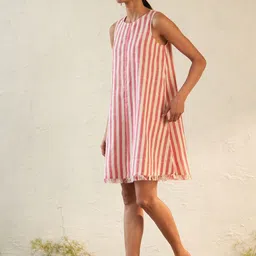 Canoopi Women Striped Round Neck Cotton A-Line Dress image 1