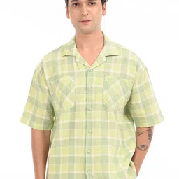 Estilocus Men Standard Oversized Fit Checked Cuban Collar Cotton Casual Shirt-image-95