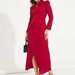 Styli Keyhole Neck Solid Mock Wrap Front Slit Maxi Dress-image-23