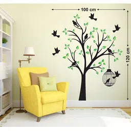 LANSTICK Green & Black Tree With Birds & Cage Printed Wall Stcikers image 3