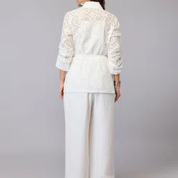 Tamiska By Narendra Kumar Women Self Design Puff Sleeve Schiffli Cotton Wrap Top image 5