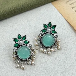 NAMAN ARTS Silver-Plated Artificial Stones Studded Contemporary Oxidised Drop Earrings-picture-18
