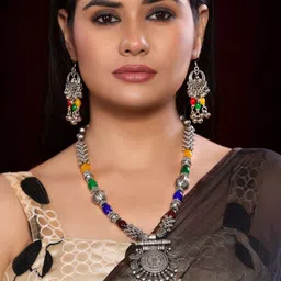 INC63 Silver-Plated Crystal Beaded-Studded Chandbala Oxidized Jewellery Set-picture-19