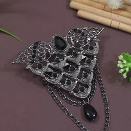 I Jewels Silver-Plated Oxidised Kundan Safa Kalangi Brooch-picture-14