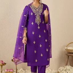 Indo Era Ethnic Motifs Embroidered Thread Work Straight Kurta With Trousers & Dupatta image 2