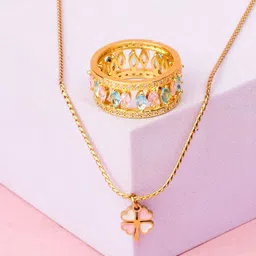 SALTY Clover & Baguette Pendant, Chain & Stones Studded Ring Jewellery Set-picture-20