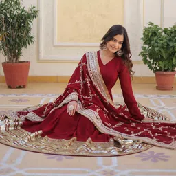 KALINI Embroidered Fit & Flared Maxi Dress With Dupatta image 3