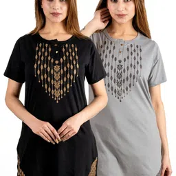 AMAHA FASHIONS Women 2 Printed Henley Neck T-shirt-image-37