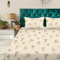 Aura Cream-Coloured & Green Floral Printed 300 TC King Bedsheet Set 2.5 m x 2.25 m image 2