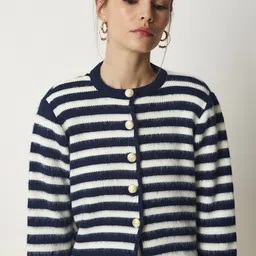 Happiness istanbul Women Striped Ribbed Long Sleeves Cardigan-picture-37