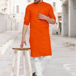 ANUJ FASHION Men Orange Cotton Blend Straight Kurta-picture-24