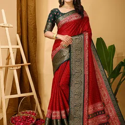 DIVASTRI Checked Woven Design Border Zari Banarasi Saree-picture-10