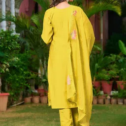 KALINI Women Floral Embroidered Regular Thread Work Chanderi Cotton Kurta with Trousers & With Dupatta image 4