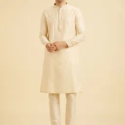 Manyavar Floral Woven Design Mandarin Collar Thread Work Straight Kurta With Pyjama-picture-16