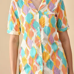 PRADHRUHE Women Abstract Printed Lapel Collar Shirt & Pyjama Night suit image 3