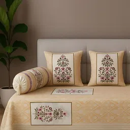 UrbanArts Set Of 6 Cream & Green Printed Pure Cotton Diwan Set-image-42