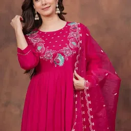 KRIFRA Women Ethnic Motifs Embroidered Empire Thread Work Chanderi Silk Kurta with Trousers & With Dupatta image 3