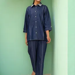 KALINI Navy Blue Color With Pearl Embroidery Collar Co-ord Set-image-40