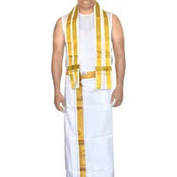 TUNI MANI Men Cotton Pocket Zari Ready-To-Wear Velcro Dhoti with Angavastram image 2