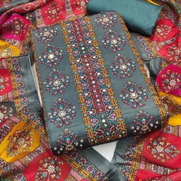 kalini Grey Franch Crepe Printed Mirror Work Unstitched Dress Material image 3