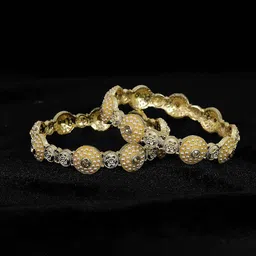 ZULKA Set of 2 Premium Metal White Pearls Moti & Zircon Stone Pacheli Bangles-image-32