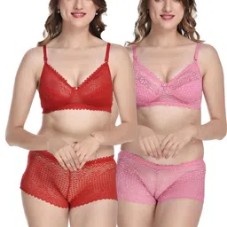 samvar Women Red,Orange Net Bra Panty Set for Lingerie Set Undergarments Pack of 2-picture-20