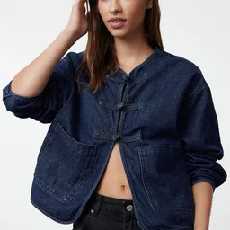 Trendyol Women Collarless Solid Cotton Casual Denim Jacket image 1