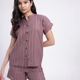 glitchez Striped Mandarin Collar Night Suit-image-27