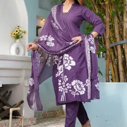 KALINI Floral Printed Mandarin Collar Thread Work Pure Cotton Kurta With Trouser & Dupatta image 2