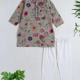 The Magic Wand Boys Floral Printed Mandarin Collar Pure Cotton Kurta With Pyjamas-picture-25