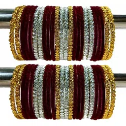 Qufrozy Set Of 40 Maroon Glass Artificial Stones & Beads Bangle-picture-31