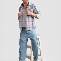 Beyoung Men Cotton Lilac Frayed Check Shirt image 3