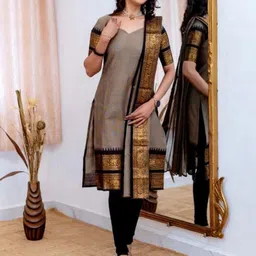 Vastukala Women Cotton Woven Design Kurta With Dupatta image 4
