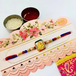 sangria Ganeshji Stone Studded & Beaded Thread Rakhi Traditional Handmade Rakhi for Brother image 3