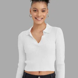 Maheshvi Women Ribbed Shirt Collar Full Sleeves Fitted Crop Top image 4