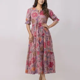 Aawari Women Cotton Floral Printed V-Neck A-Line Midi Dress-picture-23