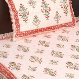 Salgia Red & White Ethnic Motifs 144 TC Single Bedsheet with 1 Pillow Covers image 2