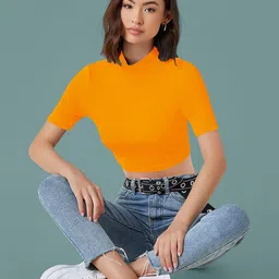 Dream Beauty Fashion Solid Above The Keyboard Collar Fitted Crop Top-picture-32