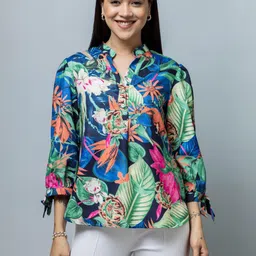 PURYS Women Tropical Print Mandarin Collar Roll-Up Sleeves Tropical Top-image-47
