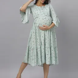 Mammas Maternity Ethnic Motifs Print Keyhole Neck Bell Sleeve Maternity A-Line Midi Dress image 3