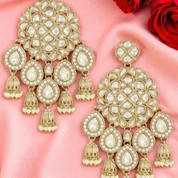 OOMPH Women Floral Gold Kundan Jadau Drop Earrings with Small Jhumki-picture-30