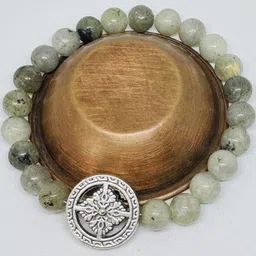 Gems Guru Unisex Multicoloured Elasticated Ceramic Bracelet with Floral Labradorite Beads image 4